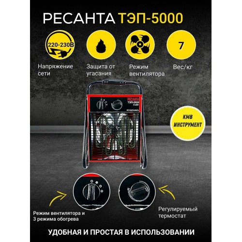 Тепловые пушки Ресанта ТЭП-5000 67/1/3 Тепловая электрическая пушка { квадратная, 380В, вентилятор/2500/5000 Вт, 6,9 кг }